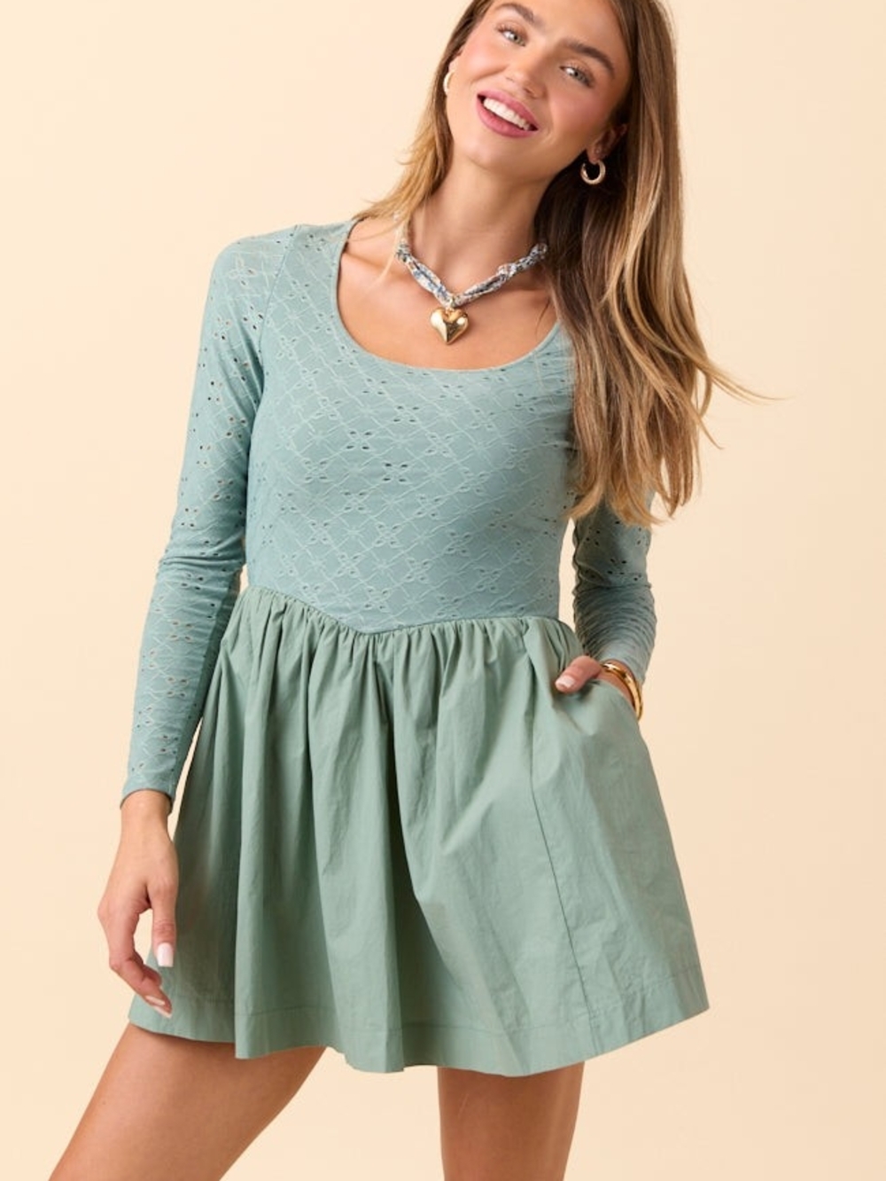 Long Sleeve Sage Green Women’s Dress Eith Built In Shorts - Casual Scoop Neck